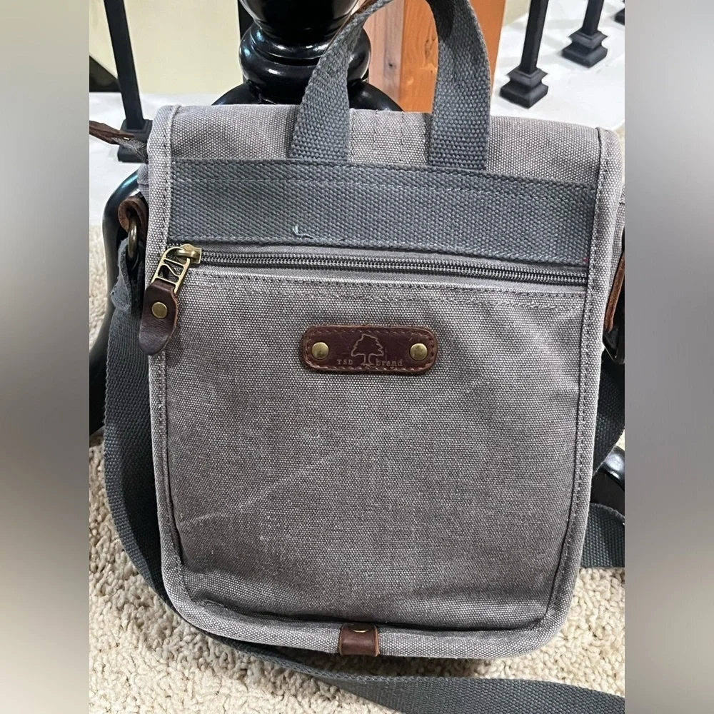 TDS BRAND VALLEY TRAIL Gray Crossbody CANVAS Bag with Brown LEATHER Accents: